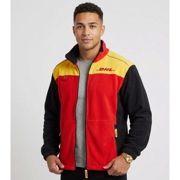 DHL‎ Express Delivery Fleece Color Block Multicolor Full Zip Jacket Men's Large
